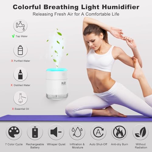 Image of Rechargeable Mini Humidifier, Colorful Cool Mist Humidifiers with 7 Color Light, Small Personal Desktop Humidifier for Baby Bedroom, Office, Nursery, Travel with Auto Shut-Off, Super Quiet (White)