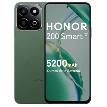 HONOR 200 Smart 5G Smartphone Dual SIM NFC, IP64, 360° Anti-Drop, Batteria 5200mAh telefono con 4GB RAM 256GB Memoria, 6.8 pollici 120Hz Comfort Display, 50MP+2MP, Forest Green [Versione italiana]