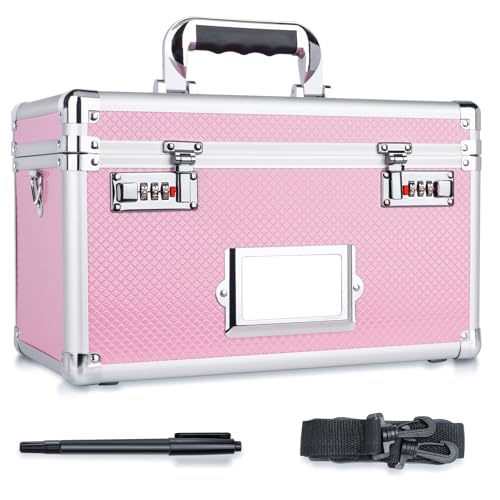 13.4 x 8 x 8.7 Inch Lockable Storage Box with Combination Lock, Portable Safe for Documents, Medicine, Cash & Valuables, Medicine Lock Box with Label Slot for Home, Office & Travel - Pink 14