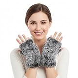 Geyoga Women Fingerless Fur Gloves Warm Rabbit Fur Mittens Winter Knit Fingerless Hand Warmer Warm Knitted Gloves(Frost Black)