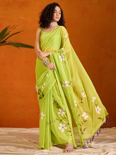 Image of SAREE MALL Women's Chiffon Daisy Floral hand paint Tassel Pallu Lightweight Summer Saree