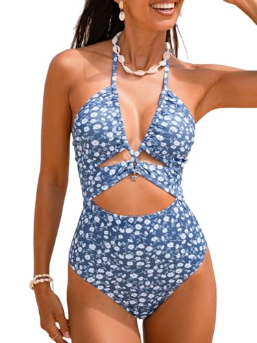 CUPSHE Women's One Piece Swimsuit Plunging Neck Bathing Suit Halter Strappy Cutout Swimwear Textured