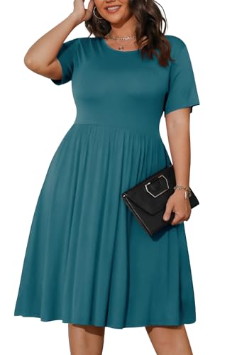 POSESHE Womens Plus Size Summer Dress 2026 Casual Short Sleeve Empire Waist Loose Fit Swing T-Shirt Dress with Pockets