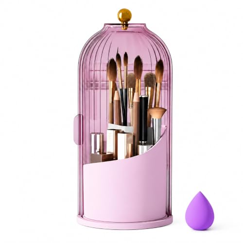 Image of OCEANEVO Cosmetic Makeup Brush Holder with Makeup Sponge, Dustproof Makeup Brush Organiser Stand with 360 Rotatable Lid - 12.5 x 27 Cm - Purple - 1 Year Warranty