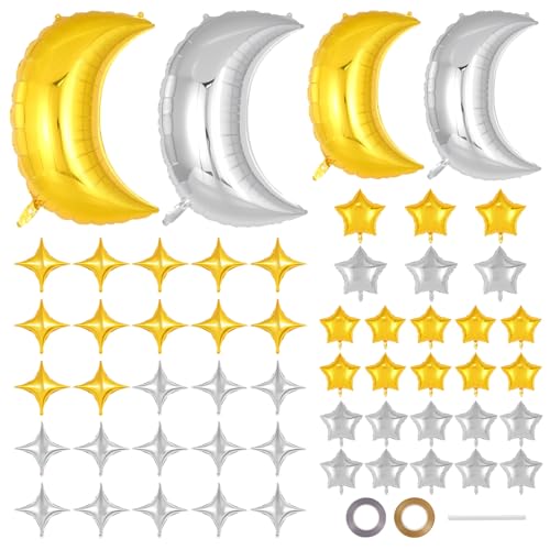 55 Pcs Gold and Silver Moon and Star Foil Balloons, 36 Inch and 28 Inch Moon Mylar Balloons, 18 Inch and 10 Inch Star Mylar Balloon for Wedding, Baby Shower, Birthday Party Decorations