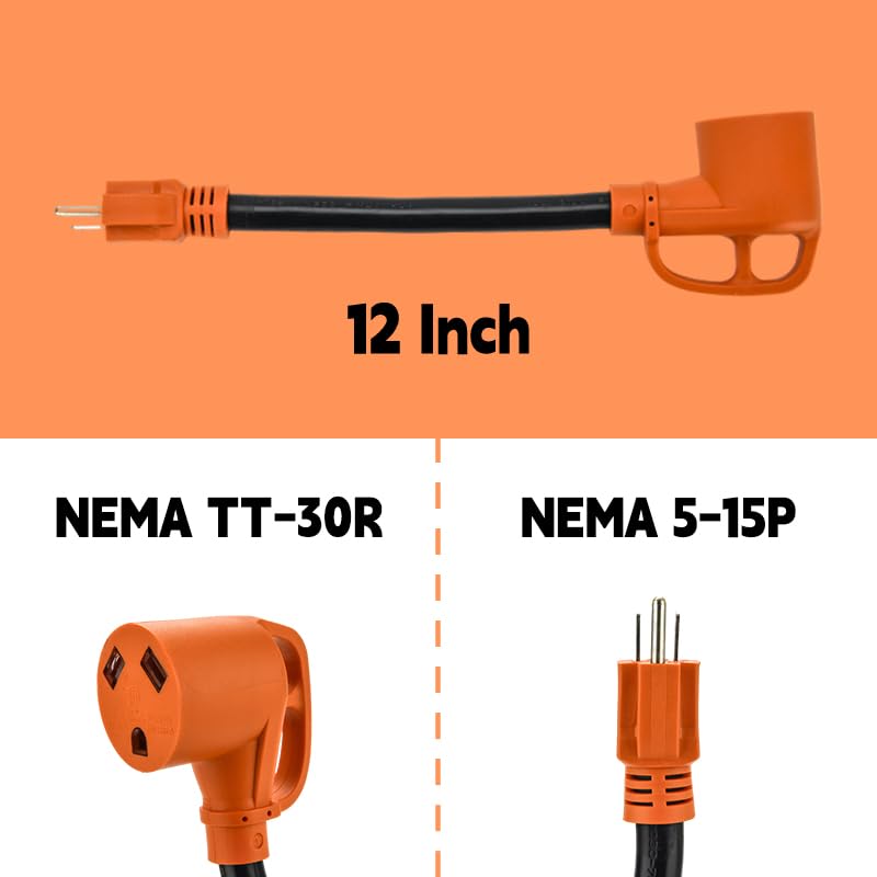 Image of RV Power Adapter Cord, 15 Amp to 30 Amp 110V NEMA 5-15P Male to TT-30R Female Electrical Power Dogbone with Grip Handle, Heavy-Duty STW 10 Gauge for RV Trailer Camper, ETL Listed