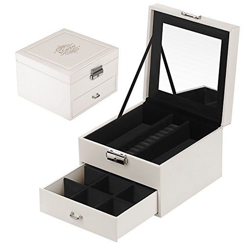 B.Catcher Jewelry Box Organizer for Women with Drawer and Lock White Travel Jewelry Case Medium Cosmetic Storage Holder