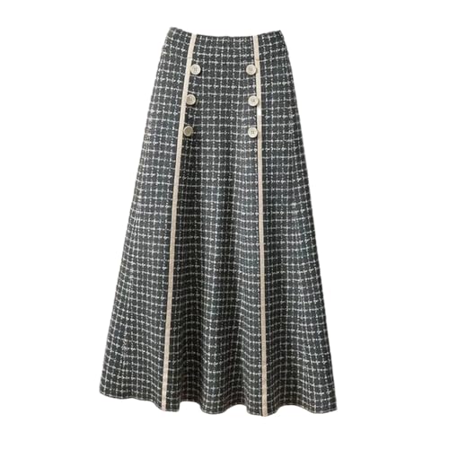 Jupe tricotée d'hiver à carreaux longue mode femme avec boutons taille haute