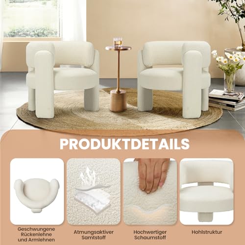 COLAMY Modern Velvet Ohrensessel 2er Set, Gepolsterter Sessel Wohnzimmer, Bequemer Runder loungesessel mit 3 Beinen für Wohnzimmer, Schlafzimmer, Leseecke, Creme