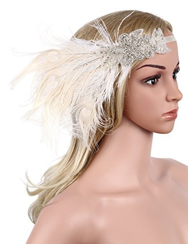 BABEYOND Women's Peacock Gatsby Party Wedding Headband with Ribbon Flapper Costumes Accessories Peacock Headband with Feather Apricot