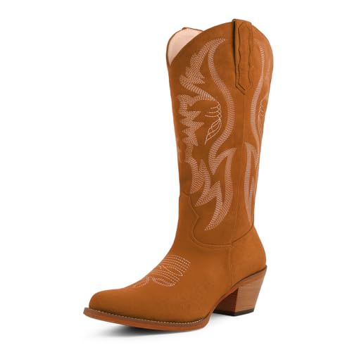 Image of LingxiaUne Cowboy Boots for Women Floral Cowgirl Boots with Pointed Toe and Chunky Heel Mid Calf Western Boot for Concert Festival Country Night Party