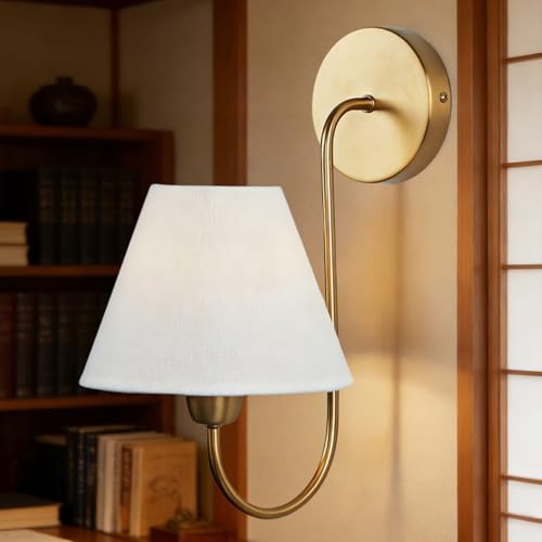 Mid-Century Brass Wall Sconce with White Linen Shade