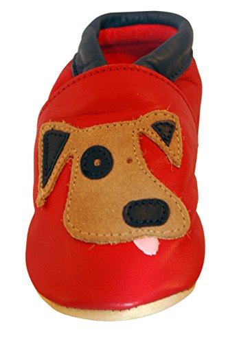 Three Little Imps Handgemachte weiche Kleinkind-Schuhe aus Leder - Verspielter Hund auf rotem Hintergrund 18-24m (DGRN) Cover