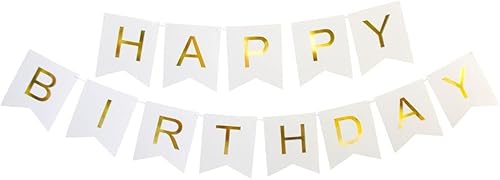Cartel blanco de fiesta de feliz cumpleaños, letras blancas y doradas, suministros de celebración, guirnalda de decoración de bandera, decoración de