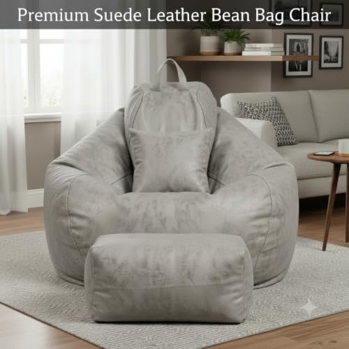 Image of KAM'S LIEU 5XL Premium Imported Suede Bean Bag Chair with Footrest & Cushion | Filled with High Density Polystyrene Beans | Premium Soft Fabric | Ready to Use Color- (Grey, 5XL)