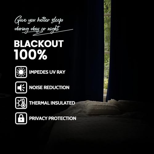 Yakamok Navy Blue 100% Blackout Curtains 96 Inches Long Thermal Insulated Window Curtain for Bedroom Living Room Darkening Set of 2 Panels Grommet Top Drapes with 2 Thick Layers 52x96 Inches Dark Blue