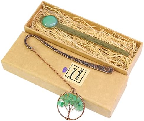 KVREET Natural semi-Precious Stone Vintage Bookmark Green Aventurine Jewelry Ruler Chakra Tree of Life Pendant Healing Crystal for Book Lovers, Women, Children and Kids Gifts(Green Aventurine)…