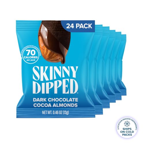 Image of SkinnyDipped Dark Chocolate Cocoa Almonds, Healthy Snack, Plant Protein, Gluten Free, 0.46 oz Mini Bags, Pack of 24 | Crunchy Whole Almonds Thinly Dipped in Chocolate | Gluten Free | Plant Protein Snack Packs