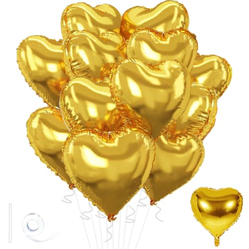 Image of Gold Heart Balloons,18inch Bright Gold Heart Shaped Foil Balloons 12Pcs Helium Mylar Balloon for Anniversary Wedding Engagement Birthday Party Baby Shower Decorations