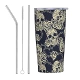 Skull Tumbler with Lid and Straw 20oz Stainless Steel Travel Mug Vacuum Insulated Water Bottle for Home Office Car