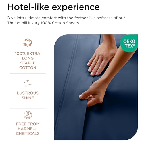 Image of Threadmill 100% Cotton Sheets for Cal King Size Bed - 600 Thread Count Cal King Bed Sheets Set with 16 inch Deep Pocket - Sateen Weave 4-Piece Bedding Set with Cooling Effect, Folkstone Blue