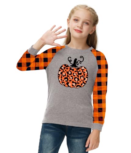 Image of Remimi Girls Thanksgiving Shirts Buffalo Plaid Raglan Tee Cute Turkey Holiday Party Long Sleeve Tshirt 5-14 Years