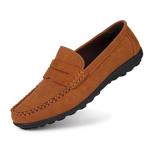 Men's Suede Loafers Leather Moccasins Handmade Slip On Driving Shoes Brown Size 10uk