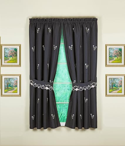 Today's Curtain Verona Reverse Embroidery Panel Pair and Tiebacks, 63", Black/Rose, 80" W X 63" L