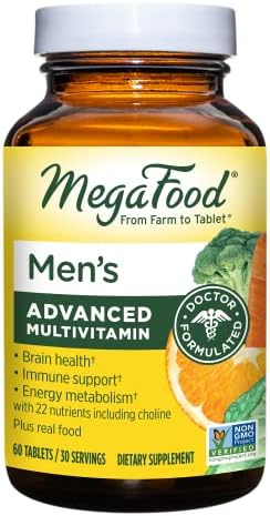 MegaFood Men's Advanced Multivitamin - Doctor-Formulated Multivitamin for Men with Choline, B12, D, C, and Zinc - Brain Health, Immune Support & Energy Metabolism - Vegetarian - 60 Tabs (30 Servings)