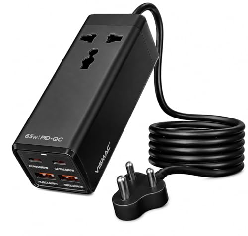 Image of Vismac 65W Fast Charging Desktop Power Strip | 1 AC Sockets + 2 Type-C Ports PD 65W + 2 USB-A Ports | 5-in-1 Charging Station | Surge Protection | 1 Year Warranty | for Home & Office (1.5 Meter).