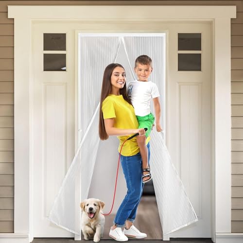 Image of KARP Mosquito Net for Doors with Magnet- Heavy Duty Mesh Screen Door with Stay-Open Buckle, Auto Close Magnets, Hands-Free Entry, Easy Install, Pet & Kid Friendly for Home (100 X 210, White)