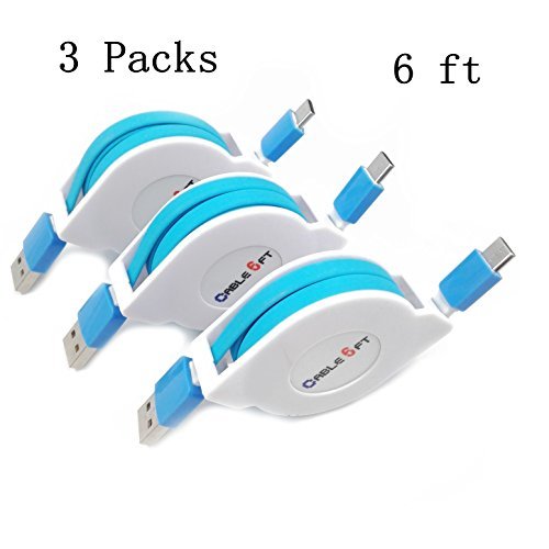 YICHUMY 3 Packs 6ft Retractable USB Type C Cable USB C to USB Male A Charging Cable for Samsung Note 8 S8 Plus, LG G5 G6 V30, Google Pixel,Pro 2016,Nintendo Switch Charger Cable (Blue)