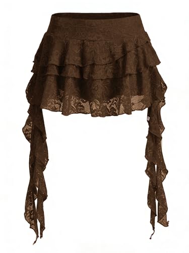 Womens Y2K Mini Skirt Ruffle Lace Asymmetrical Cute Skirts Layered Flowy Pleated Skort with Shorts (Brown X-Small)