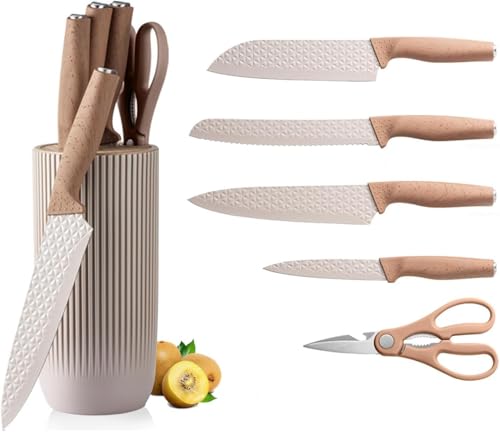 Image of Luxury 6 in 1 Wooden Coating Knife Set Light Wood Grain Handle Anti-Rust Non-Stick Stainless Steel Sharp Edge with 4 Knifes, 1 Stand, 1 Scissor for Hotel, Travel, Meat, Fruits (Light Khaki)