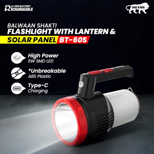 Image of Balwaan Krishi Solar Flashlight with Lantern | 5W LED| 2-in-1 Torch| BT-60S | Type-C Rechargeable Torch, 3 Front & 2 Lantern Modes, 2-in-1 Torch Lantern, Emergency Light for Home