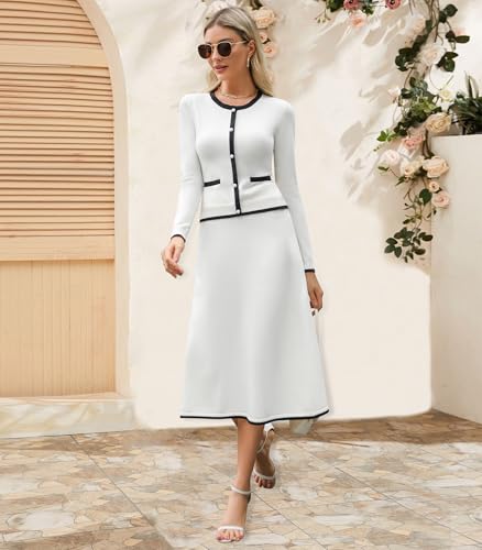 Women's Two Piece Skirt Sets Dressy Casual Knit Long Sleeve Button Crewneck Tops and Midi Dresses Matching Set Fall Outfits White4