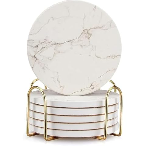 Deceram 6 Pcs White Marble Coaster Set Cover