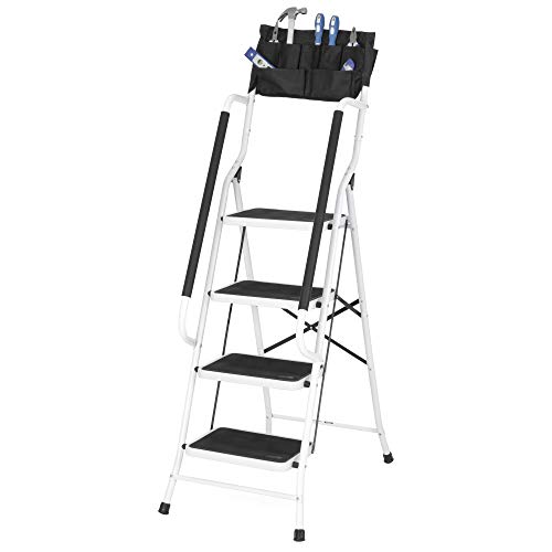 Best Choice Products 4-Step Folding Ladder w/Padded Handrails, Attachable Tool Bag