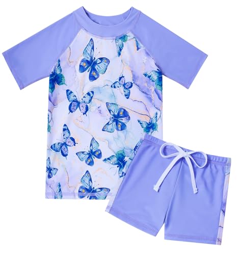 Fanient Traje de Baño para Niñas Traje de Baño de Dos Piezas Traje de Baño con Estampado de Mariposas Azul y Morado Traje de Baño para Niños de 4 a 5 Años