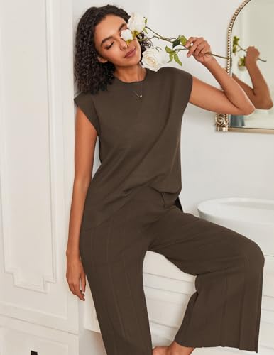 Image of Ekouaer Lounge Sets for Women Two Piece Outfits Knit Cap Sleeve Tops Wide Leg Pleated Pants Casual Dressy Sweater Sets