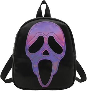 Halloween Spooky Ghostface Backpack, PU Leather Ghost Bag with Adjustable Straps for Women-7.1 * 9.3 * 3.5in Purple