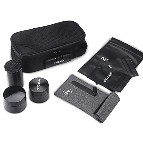 NECTAR Bolsa Antiolores Accesorios | Bolsa para Vapear Y para Liar | Incluye Un Molinillo De Aluminio, Tarro De Almacenamiento UV, Bolsas De Mylar, Contenedor De Almacenamiento Y Bolsa De Vapeo Cover