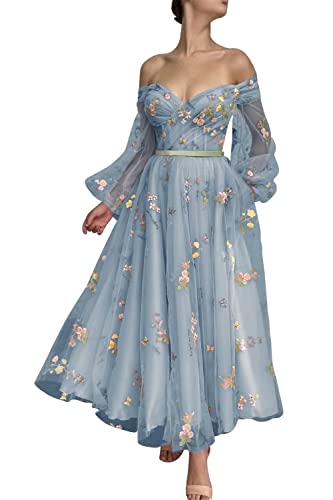 Puffy Sleeve Prom Dresses Flower Embroidery Tulle Backless A-line Lace Formal Evening Party Gown for Women