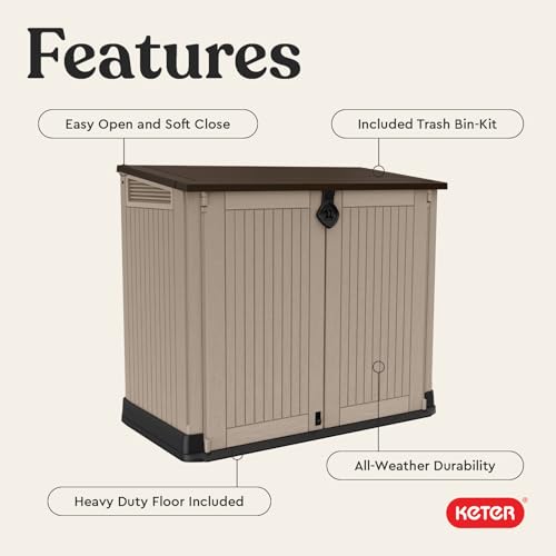 Image of Keter Store-It-Out MIDI Outdoor Resin Storage Shed - Weather-Resistant Horizontal Cabinet for Trash Cans, Garden Tools & Patio Accessories - Lockable, Easy-Lift Lid, 30 Cu. Ft. Capacity, Beige