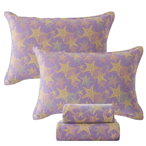Image of FADFAY Beach Theme Sheets Set King Purple Yellow Starfish Ocean Bedding Coastal Nautical Bedding Super Soft Washed Double -Layer Muslin Sheets 100% Cotton Deep Pocket Fitted Sheet 4Pcs, King Size