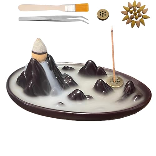 Backflow Incense Burner,Incense Holder,Ceramic Incense Burner with 20 Backflow Incense Cones,Tweezers and Brush