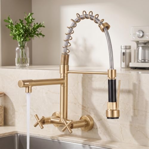 Image of InArt Elite Luxury with Wall-Mounted Kitchen Sink Tap - 360 Pull-Down Sprayer, Multi-Function Spray Head, Single Lever, Gold Finish, and Hot & Cold Functionality Faucet Sink - 5 Year Warranty