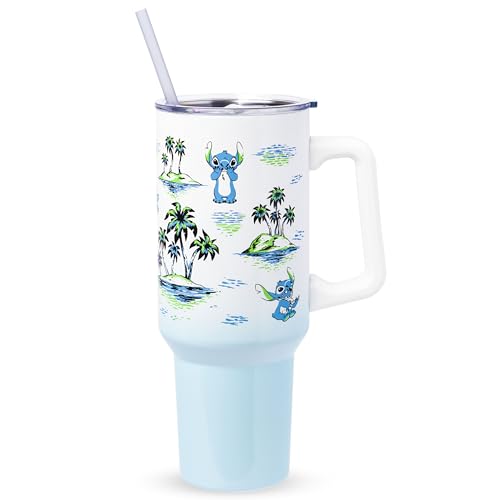 Silver Buffalo Disney Lilo and Stitch Vintage Sketch Palm Trees and Flowers Double Walled Stainless Steel Tumbler with Handle and Straw, Fits in Standard Cup Holder, 40 Ounces