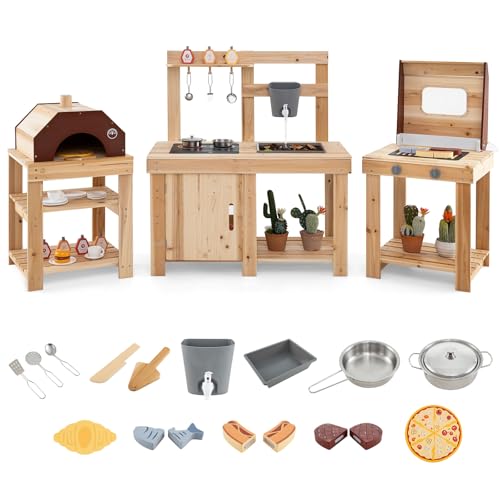 Costzon 3-Piece Mud Kitchen, Fir Wooden Play Kitchen & BBQ