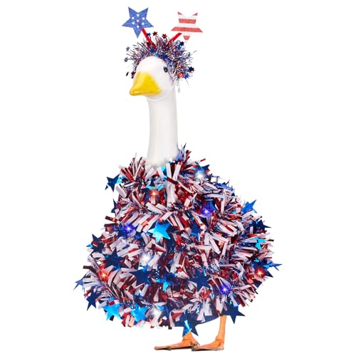 Cylanta 4th of July Porch Goose Outfit with Star Tinsel Garland & LED Fairy Lights for 23 Inch Plastic & Cement Goose Statue, Patriotic Clothes & Costume Decor for Garden Patio USA 250th Anniversary